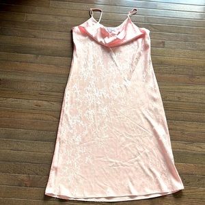Women, beautiful pink spaghetti midi slip dress, cowl neck, polyester spandex